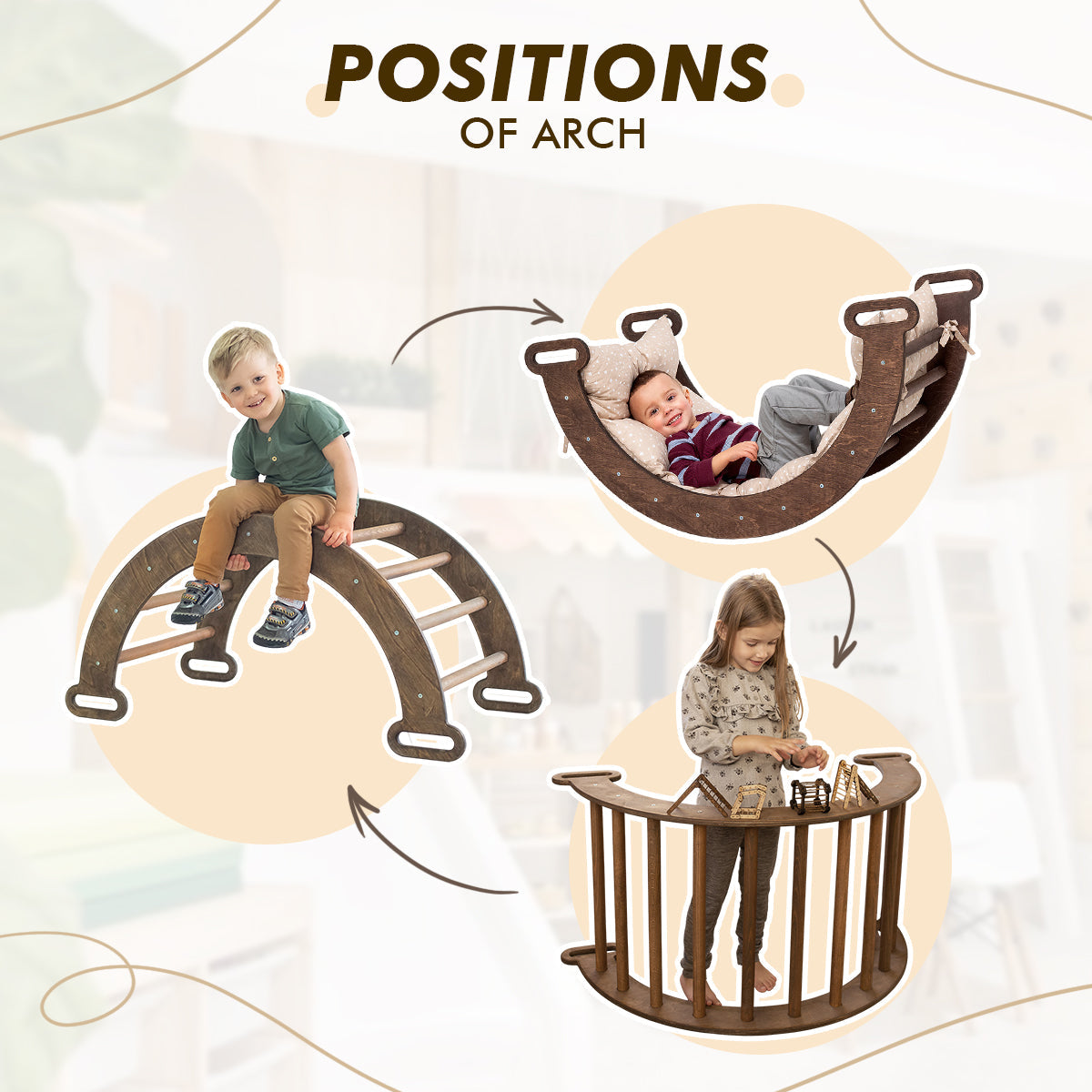 Ensemble d'escalade Montessori 5 en 1 : échelle triangulaire + arche/bascule + planche/rampe coulissante + filet + coussin – Chocolat