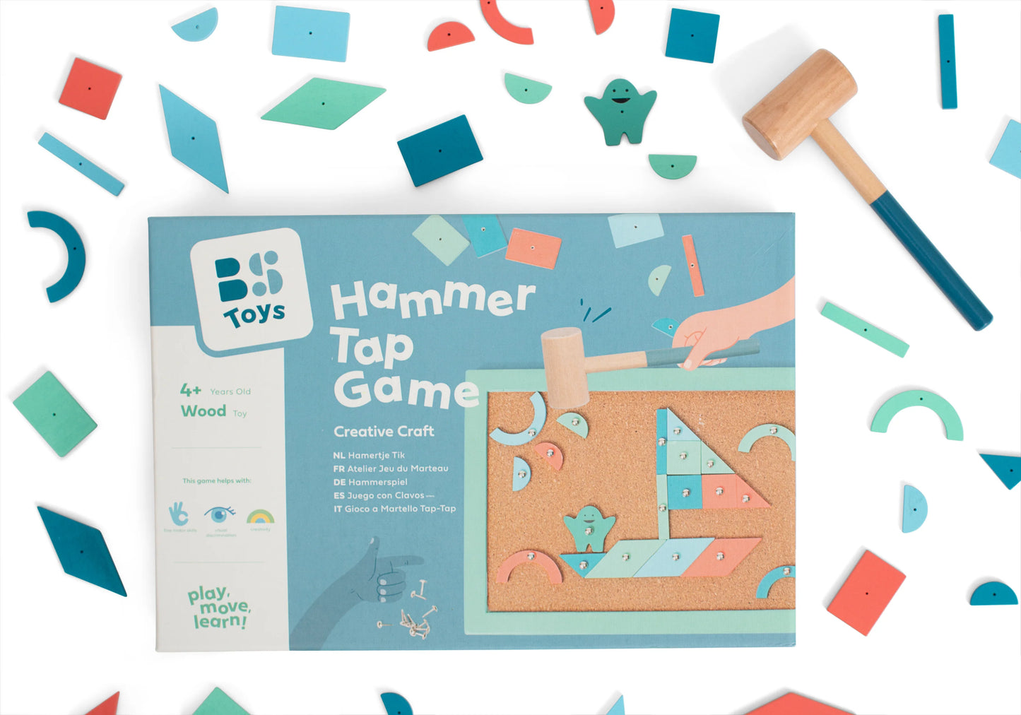 BB Toys Hammer Tap Game packaging with wooden shapes and a mallet on a white background.
