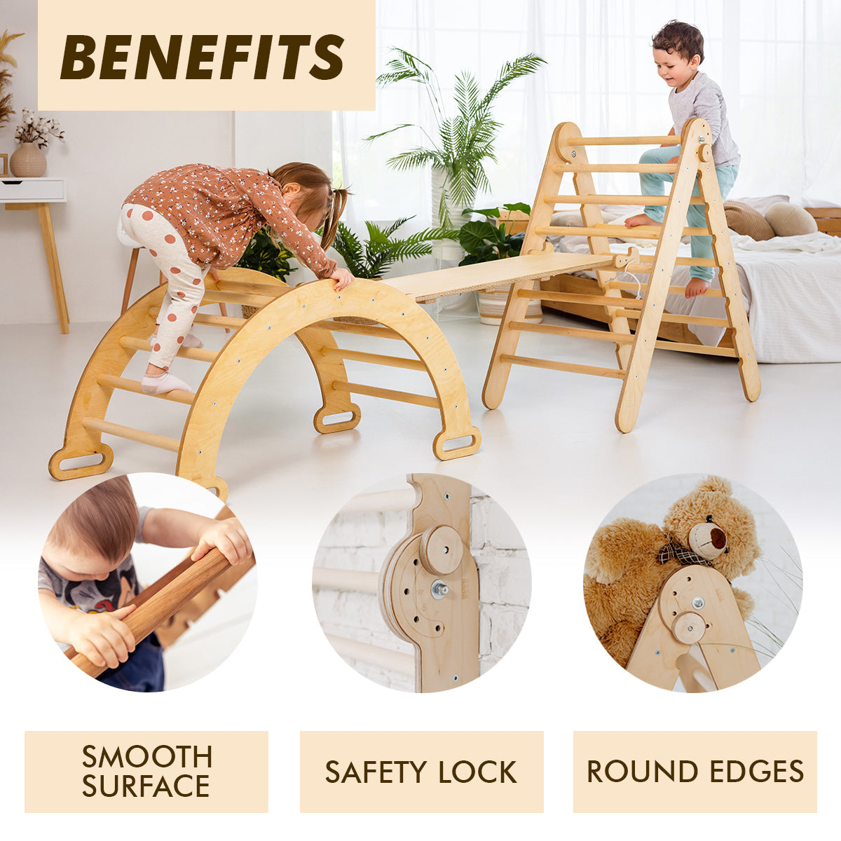 4in1 Montessori Climbing Set: Triangle Ladder + Climbing Arch + Slide Board + Cushion Beige