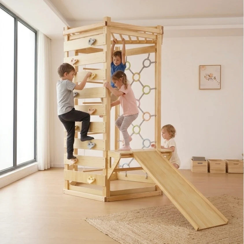 Hawthorn Indoor Playground: 93" Montessori Climbing Gym with Slide & Rope Net by Avenlur