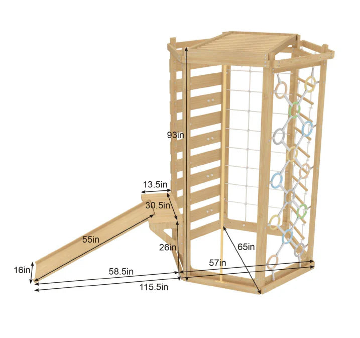 Hawthorn Indoor Playground: 93" Montessori Climbing Gym with Slide & Rope Net by Avenlur