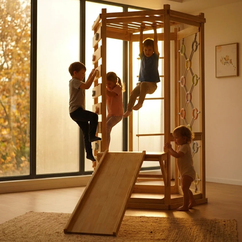 Hawthorn Indoor Playground: 93" Montessori Climbing Gym with Slide & Rope Net by Avenlur