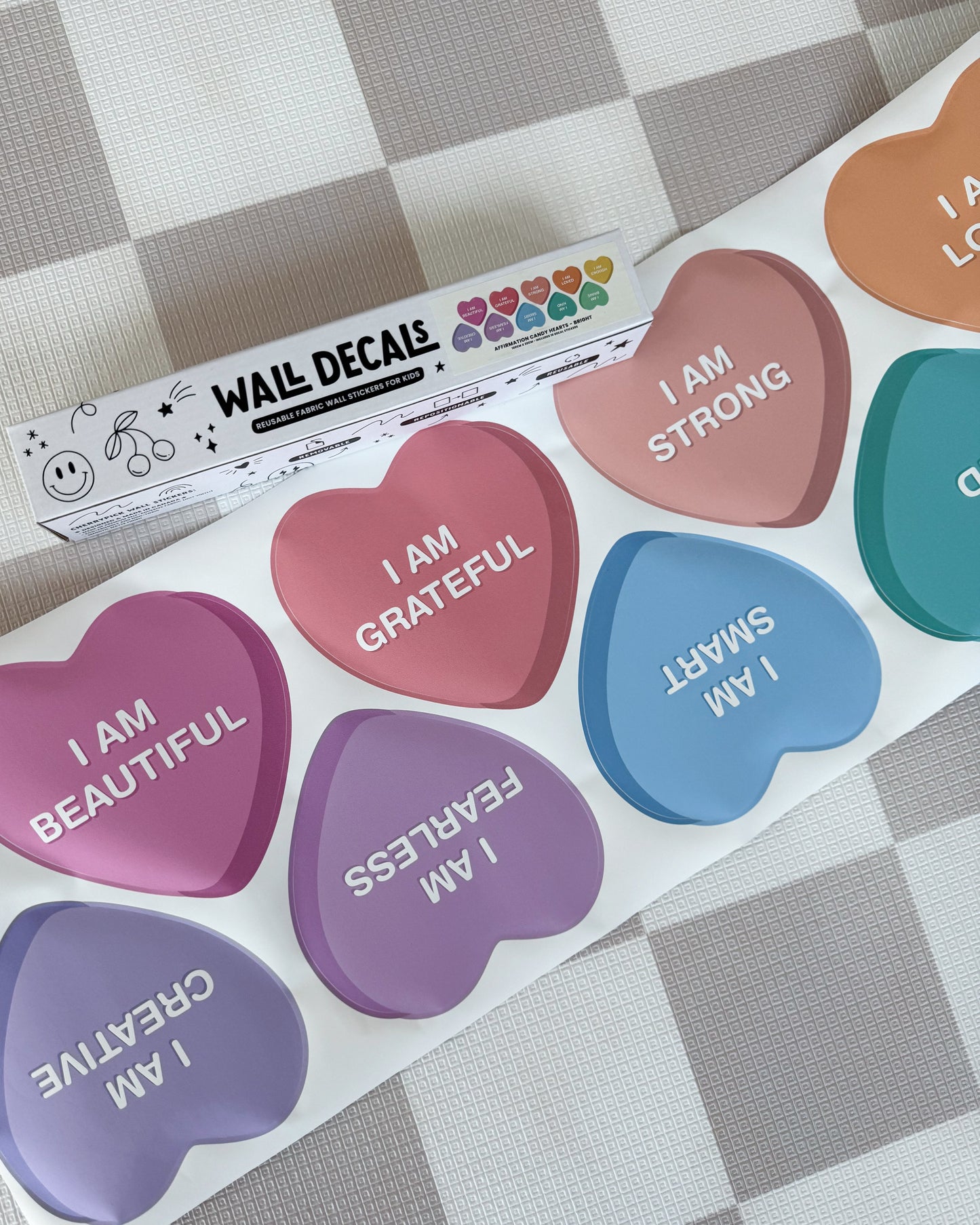 Peel & Stick Fabric Wall Stickers - Affirmation Candy Hearts (Bright)