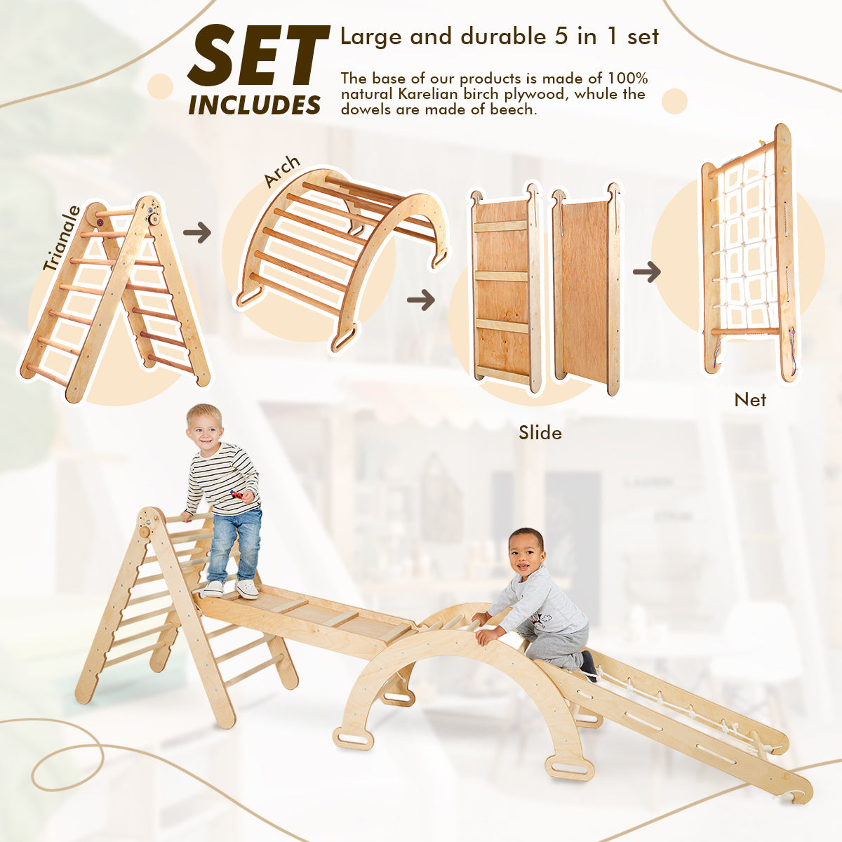 Ensemble d'escalade Montessori 4 en 1 : échelle triangulaire + arche/bascule + planche/rampe coulissante + filet d'escalade – Beige