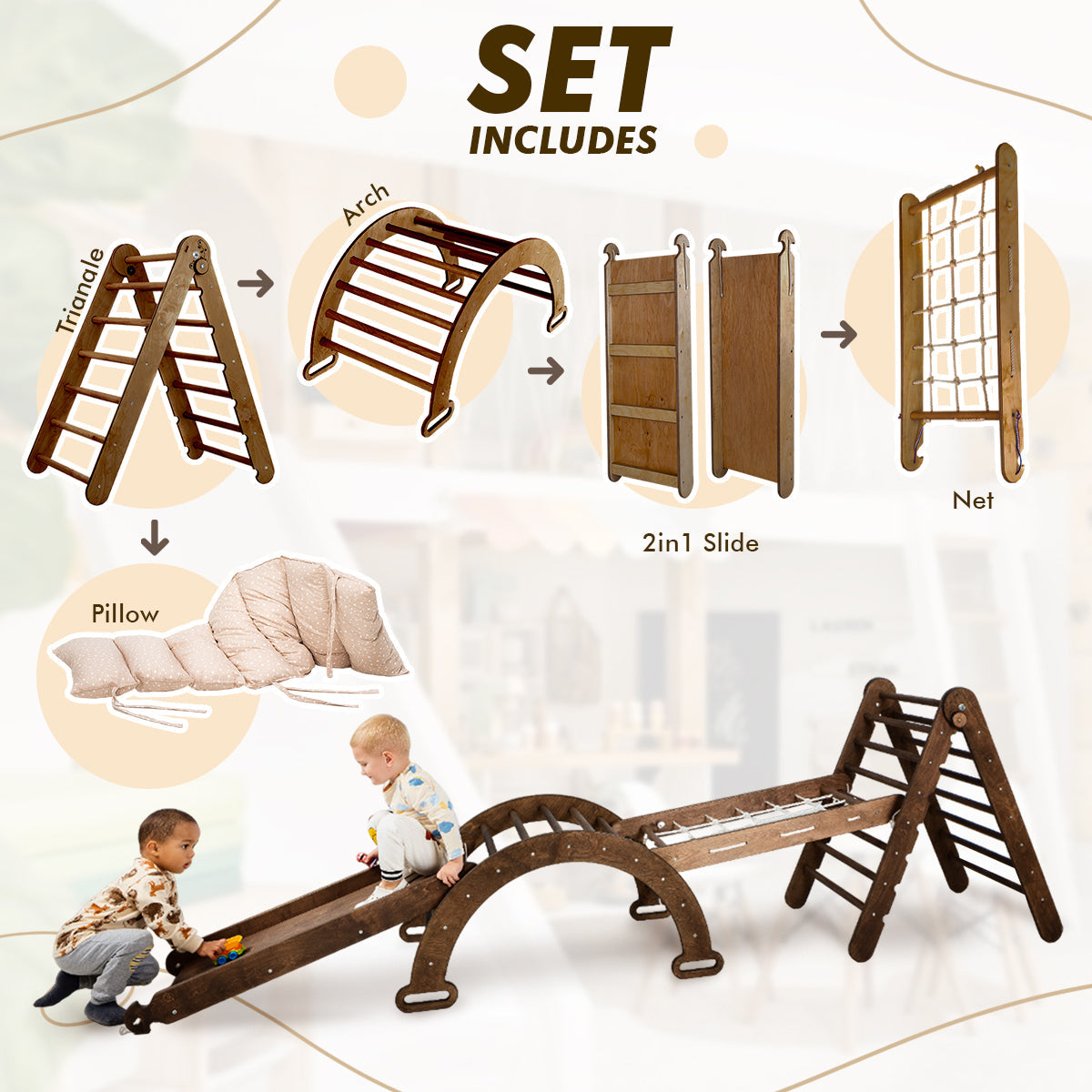 Ensemble d'escalade Montessori 5 en 1 : échelle triangulaire + arche/bascule + planche/rampe coulissante + filet + coussin – Chocolat