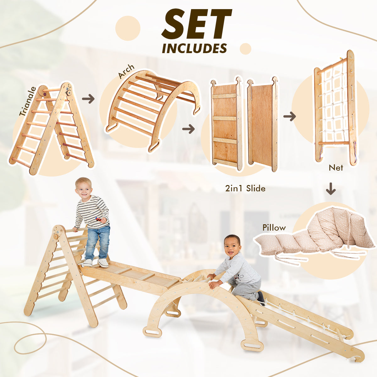 Ensemble de structure d'escalade Montessori 5 en 1 : échelle triangulaire + arche/bascule + planche/rampe coulissante + corde filet + coussin