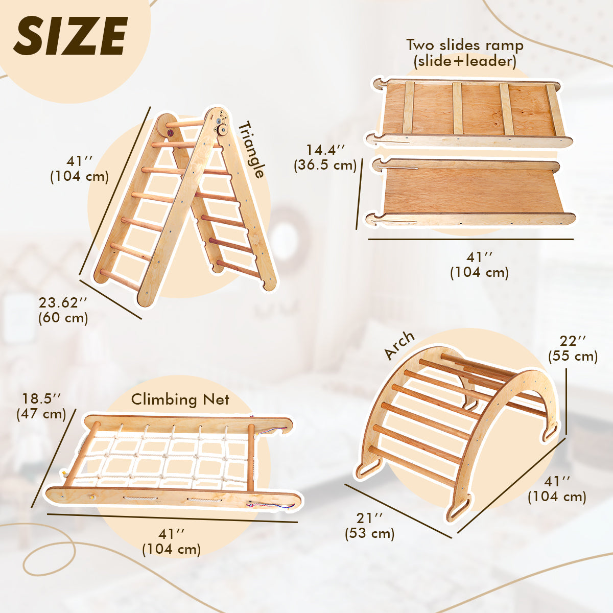 Ensemble d'escalade Montessori 4 en 1 : échelle triangulaire + arche/bascule + planche/rampe coulissante + filet d'escalade – Beige