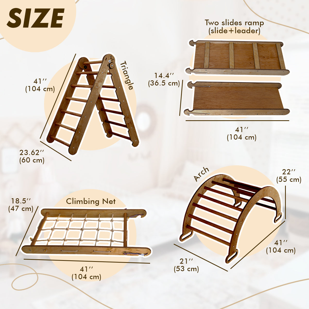 5in1 Montessori Climbing Set: Triangle Ladder + Arch/Rocker + Slide Board/Ramp + Net + Cushion – Chocolate