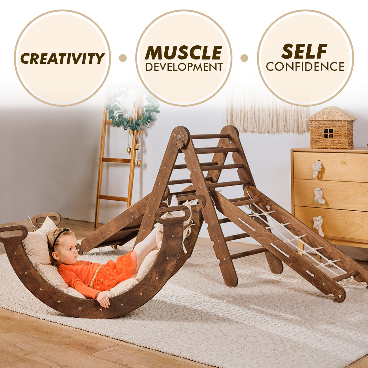 Ensemble d'escalade Montessori 5 en 1 : échelle triangulaire + arche/bascule + planche/rampe coulissante + filet + coussin – Chocolat