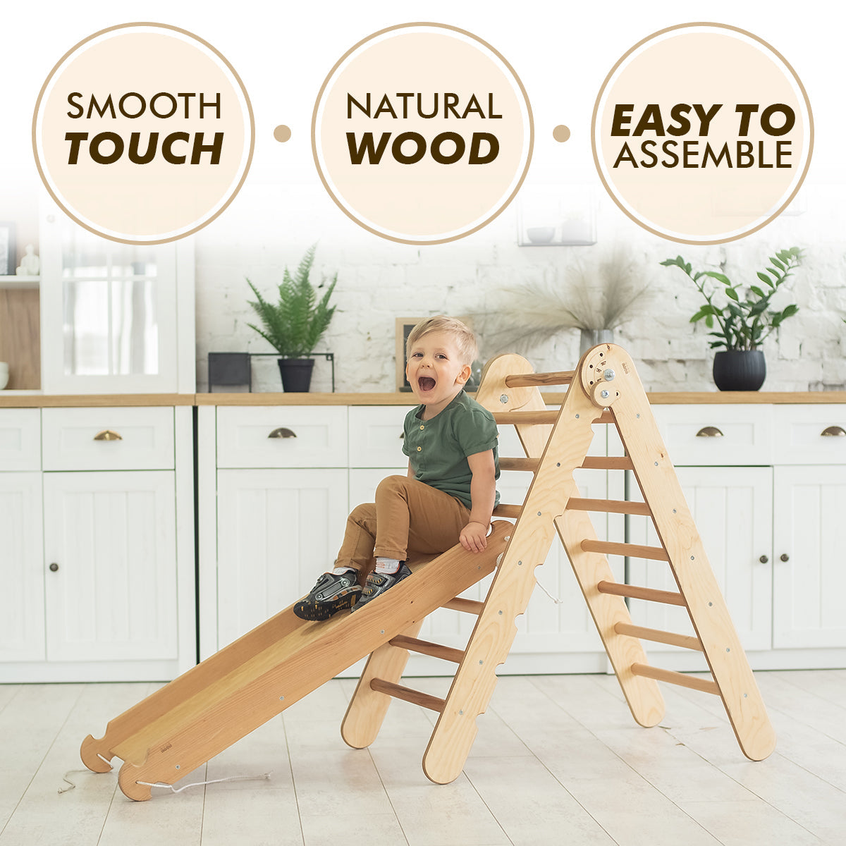 4in1 Montessori Climbing Set: Triangle Ladder + Arch/Rocker + Slide Board/Ramp + Climbing Net – Beige