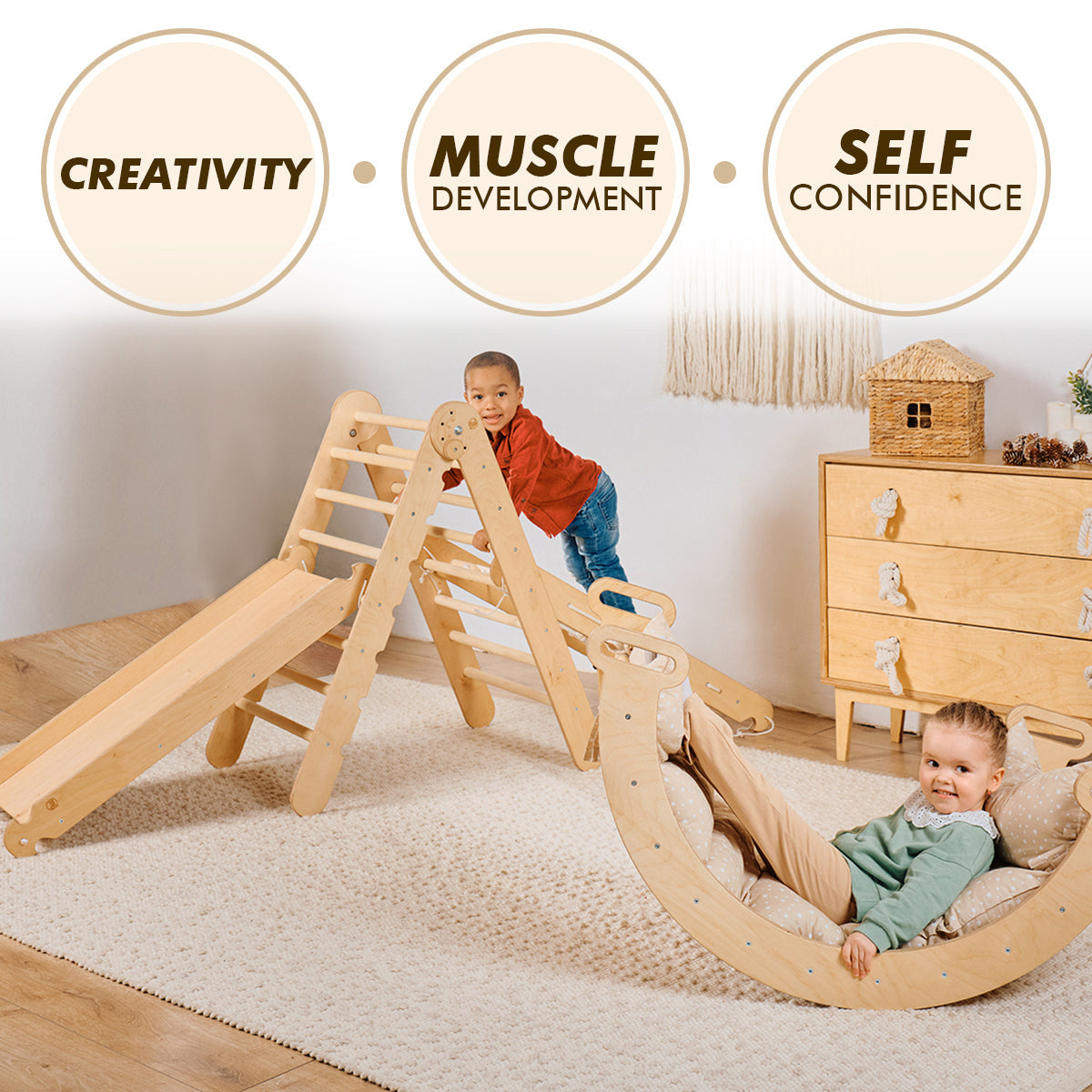 Ensemble de cadre d'escalade Montessori 6 en 1 : échelle triangulaire + arche/bascule + toboggan/rampe + filet + coussin + ajout artistique