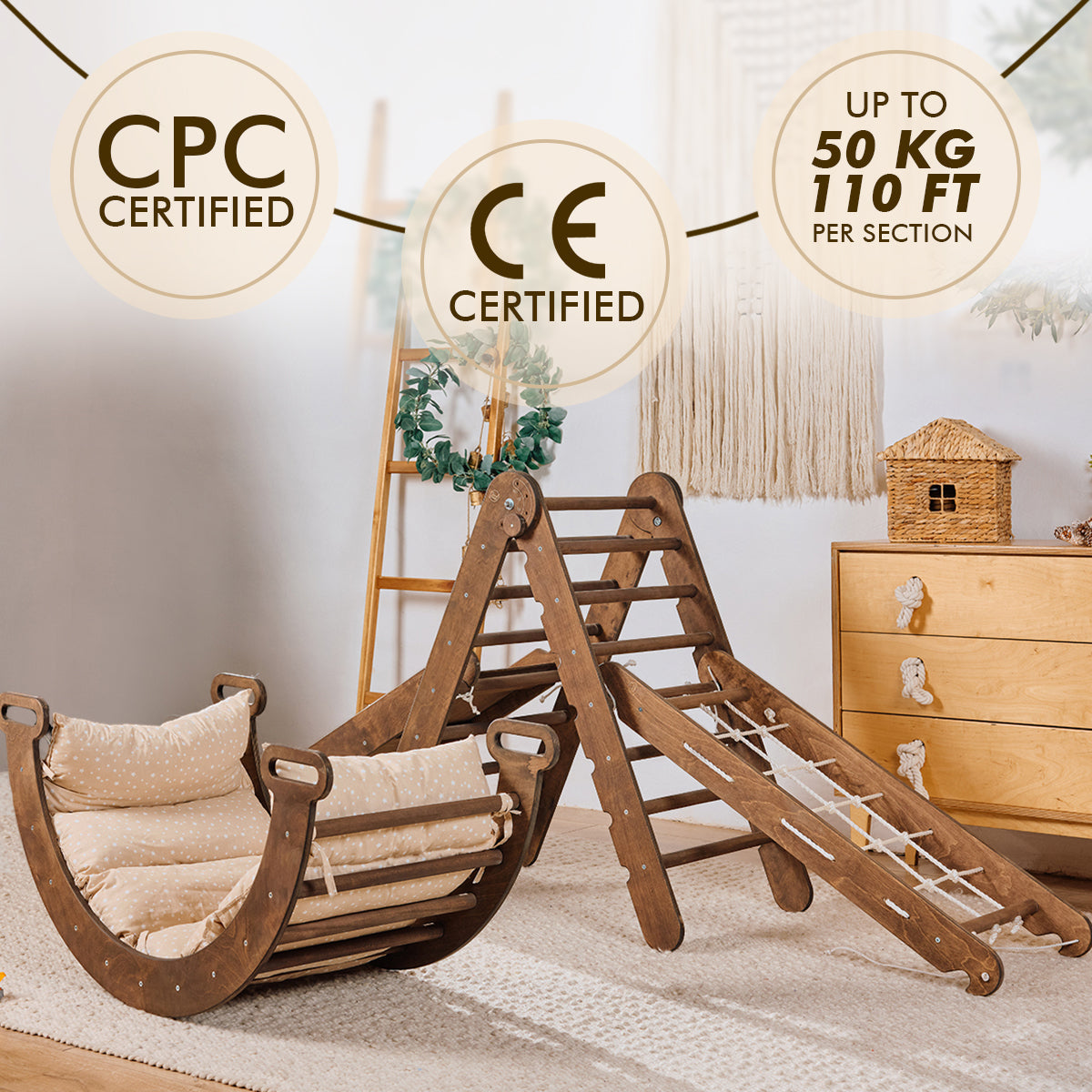 Ensemble d'escalade Montessori 5 en 1 : échelle triangulaire + arche/bascule + planche/rampe coulissante + filet + coussin – Chocolat