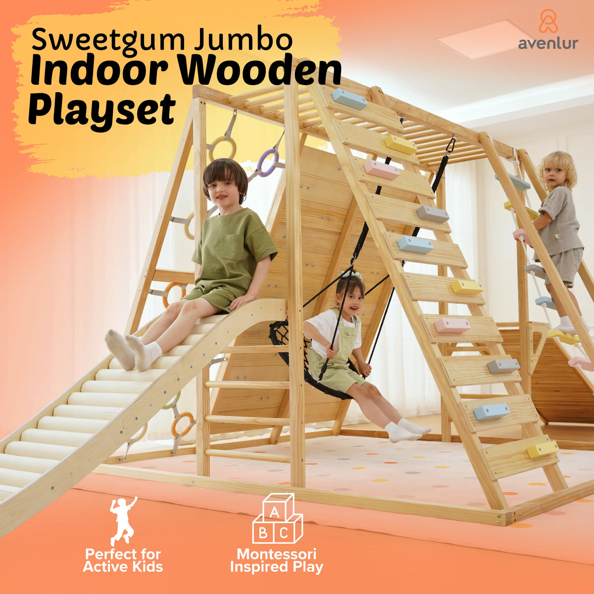 Sweetgum 8-in-1 Indoor Playset for Toddlers with Slide and Swing by Avenlur