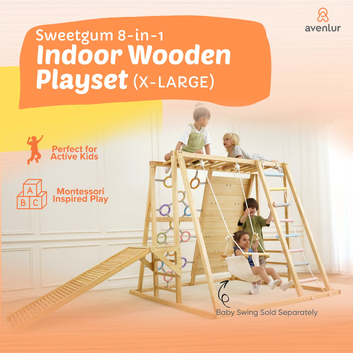 Sweetgum 8-in-1 Indoor Playset for Toddlers with Slide and Swing by Avenlur