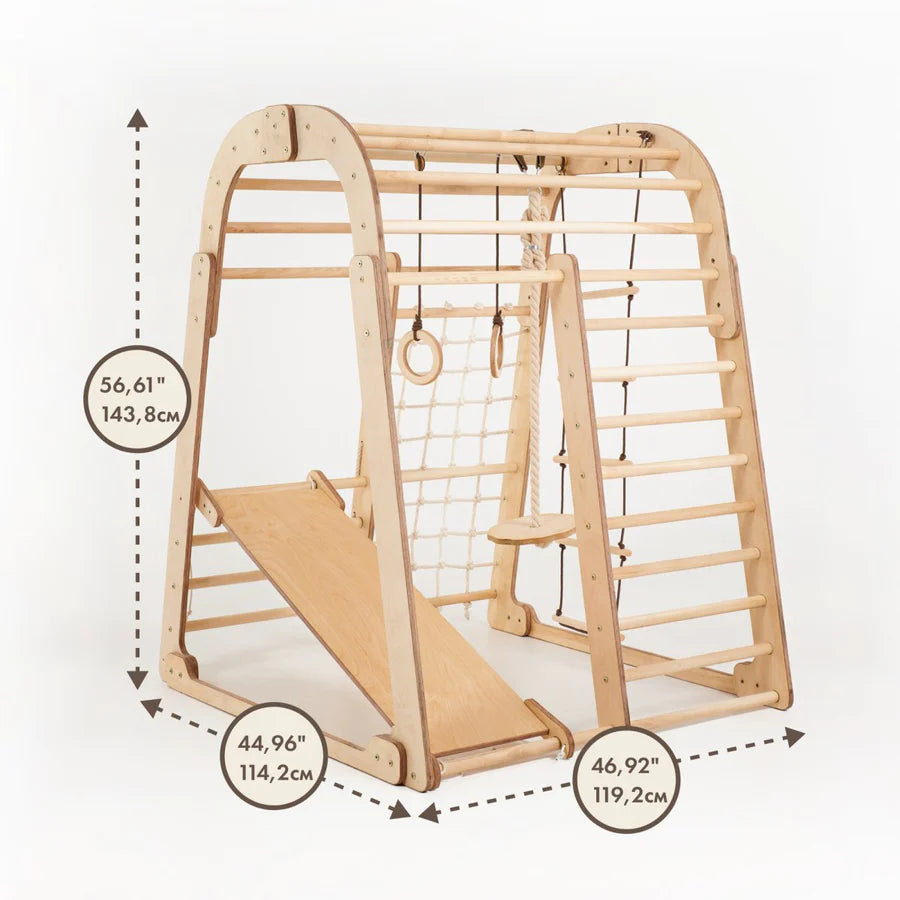 Aire de jeux intérieure en bois pour enfants - Aire de jeux 6 en 1 + balançoires + toboggan