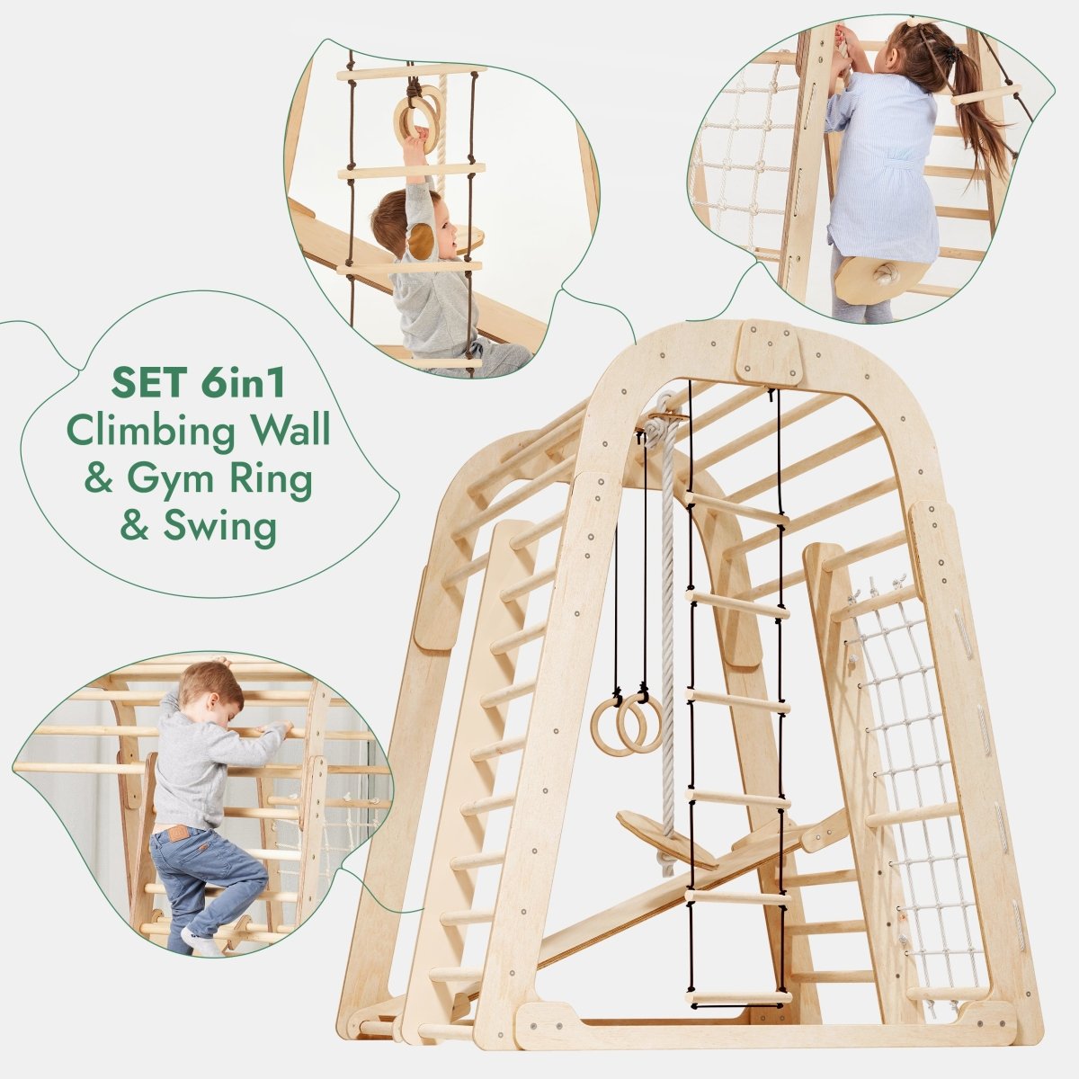 Indoor Wooden Playground for Children - 6in1 Playground + Swings Set + Slide Board