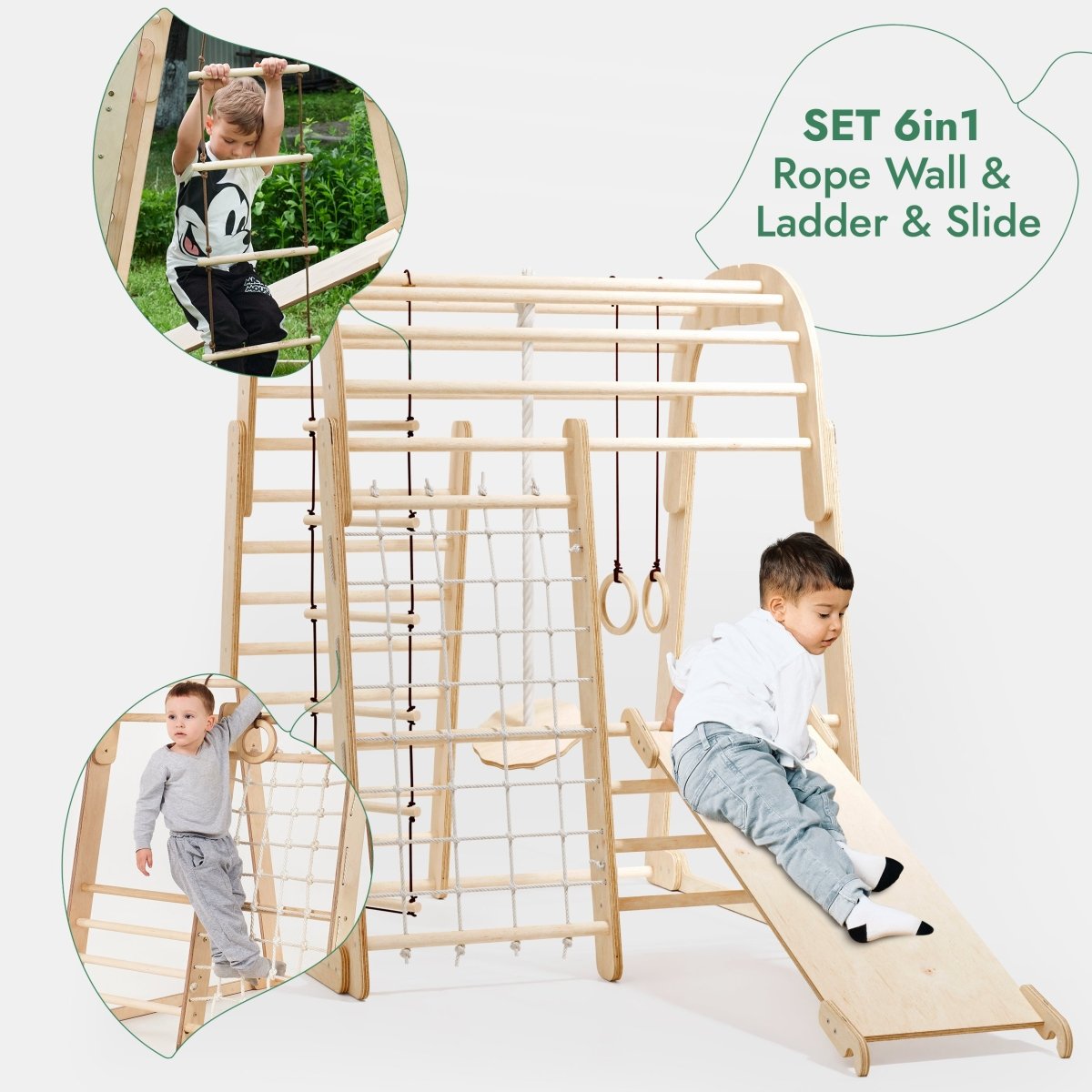 Indoor Wooden Playground for Children - 6in1 Playground + Swings Set + Slide Board