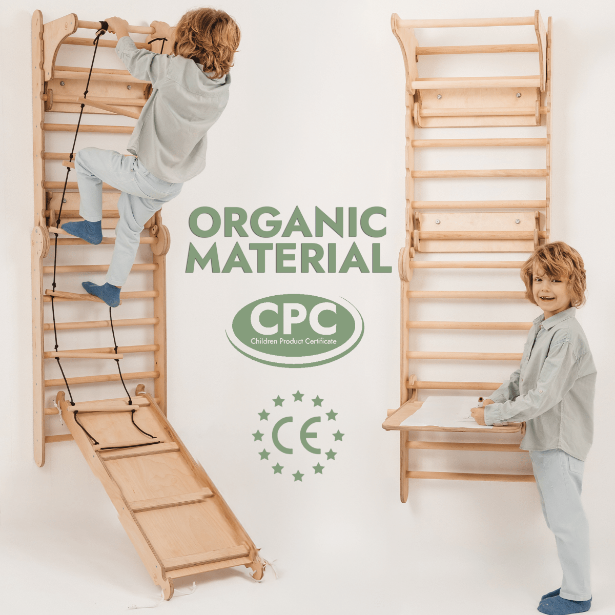 5 en 1 : Mur suédois en bois / Échelle d'escalade pour enfants + Balançoire + Planche toboggan + Complément artistique