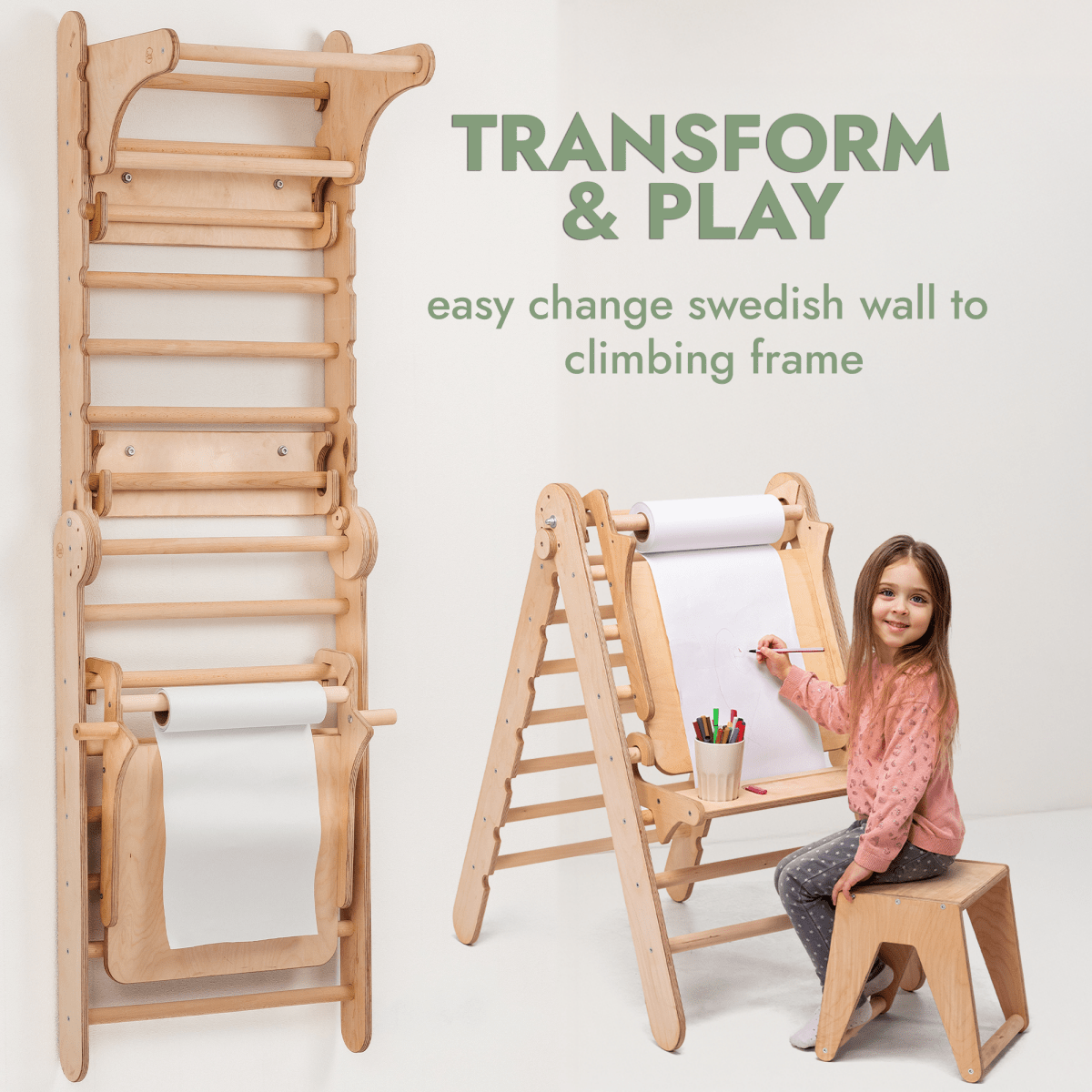 5 en 1 : Mur suédois en bois / Échelle d'escalade pour enfants + Balançoire + Planche toboggan + Complément artistique