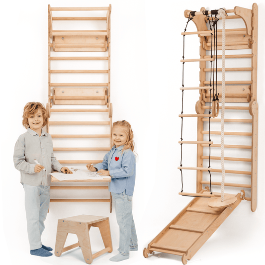 5 en 1 : Mur suédois en bois / Échelle d'escalade pour enfants + Balançoire + Planche toboggan + Complément artistique
