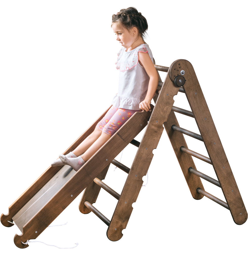 Ensemble d'escalade Montessori 2 en 1 : Échelle triangulaire + Planche toboggan/Rampe – Beige 