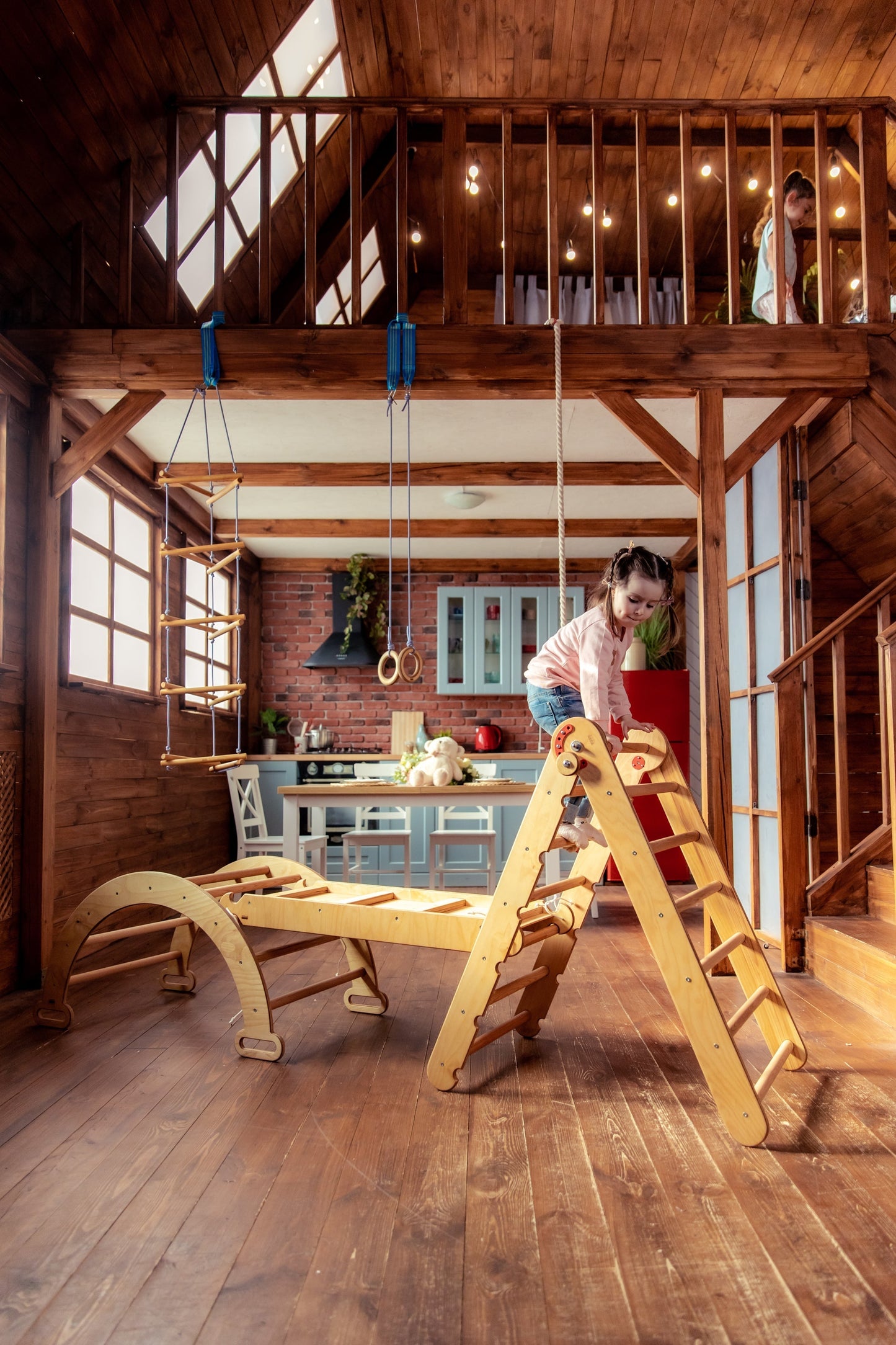 Ensemble d'escalade Montessori 3 en 1 : Échelle triangulaire + Arche en bois + Planche toboggan – Beige