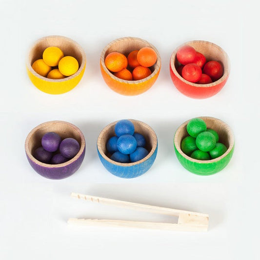 Grapat Wood Coloured Bowls and Marbles with Tongs