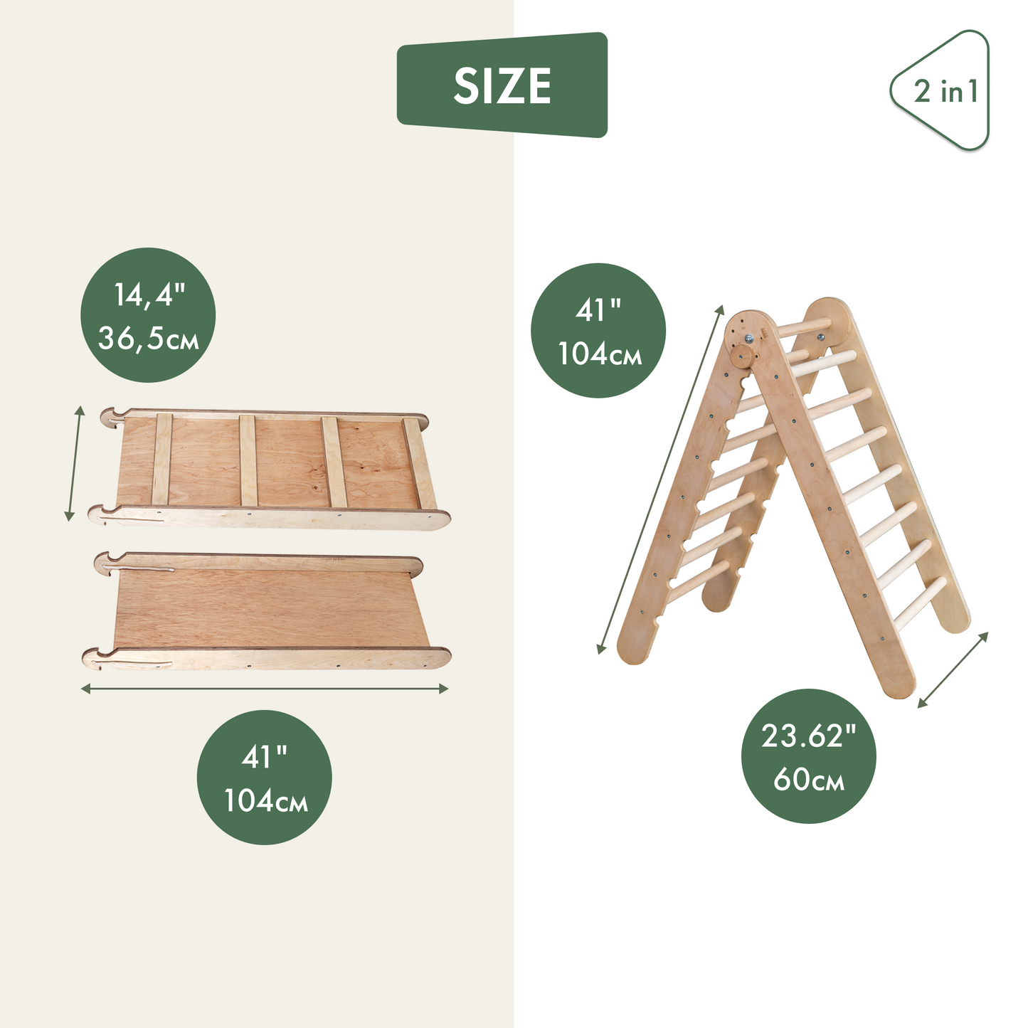 2in1 Montessori Climbing Set: Triangle Ladder + Slide Board/Ramp – Beige