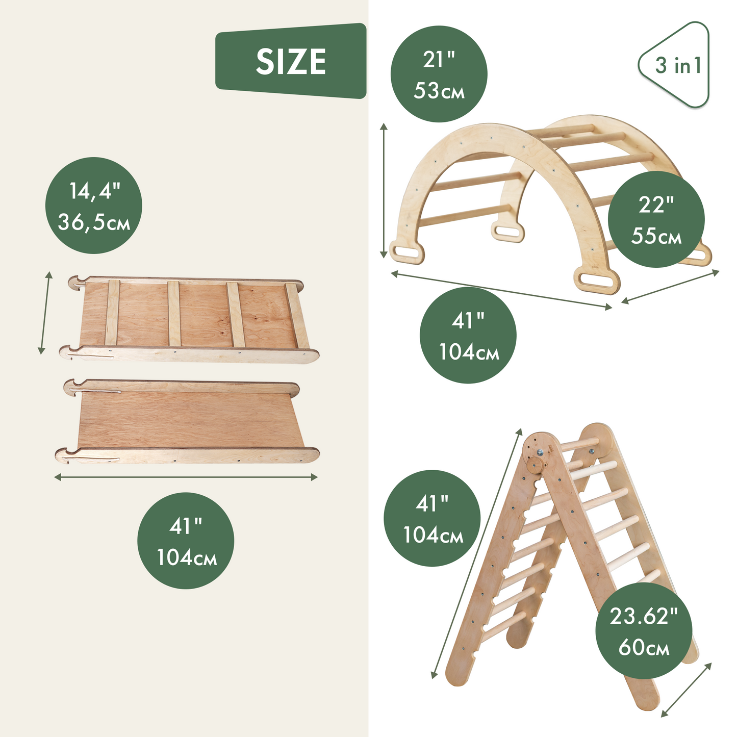 3in1 Montessori Climbing Set: Triangle Ladder + Wooden Arch + Slide Board – Beige