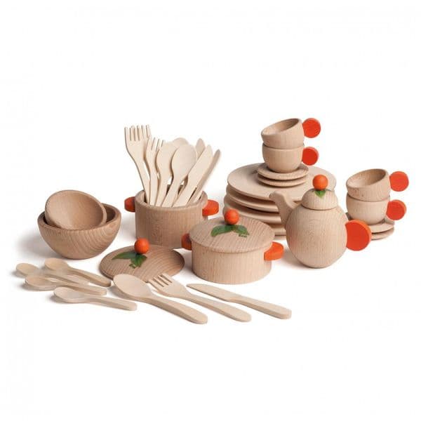 Set de vaisselle en bois Erzi (36 pièces) « Cuisine &amp; Vaisselle » - Play Food Made in Germany 