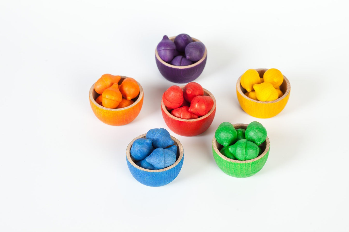 Grapat Wood Coloured Bowls and Acorns with Tongs - Wood Wood Toys Canada's Favourite Montessori Toy Store