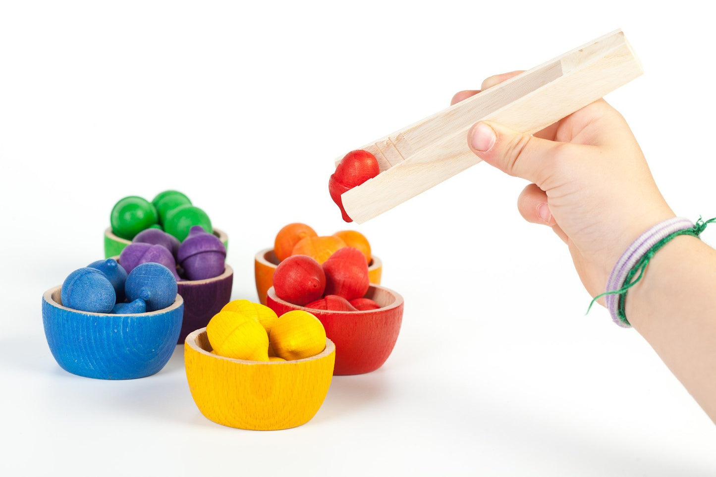 Grapat Wood Coloured Bowls and Acorns with Tongs - Wood Wood Toys Canada's Favourite Montessori Toy Store
