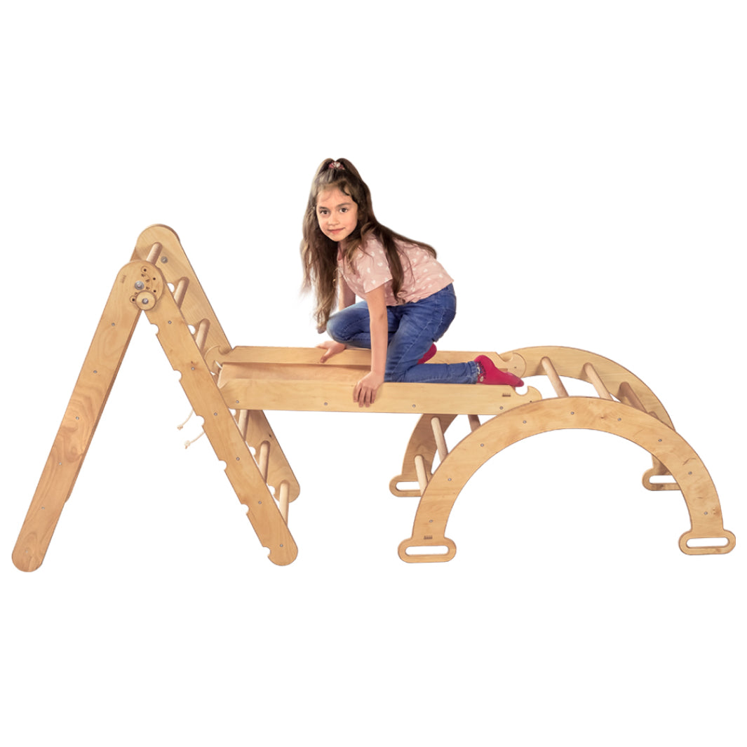 Ensemble d'escalade Montessori 3 en 1 : Échelle triangulaire + Arche en bois + Planche toboggan – Beige