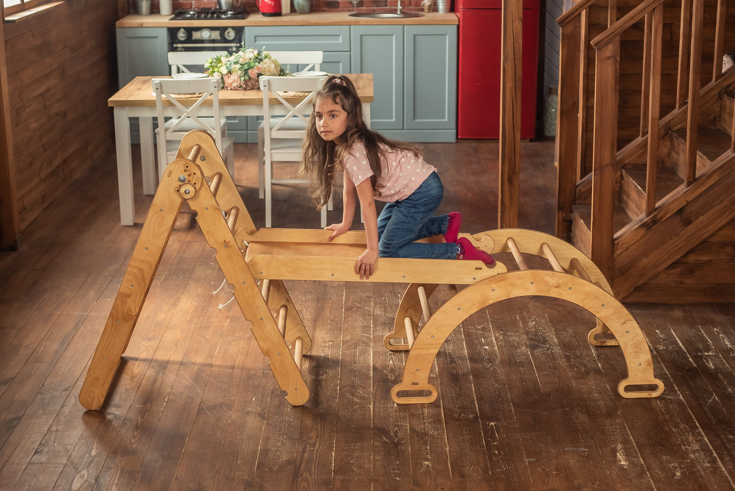 3in1 Montessori Climbing Set: Triangle Ladder + Wooden Arch + Slide Board – Beige